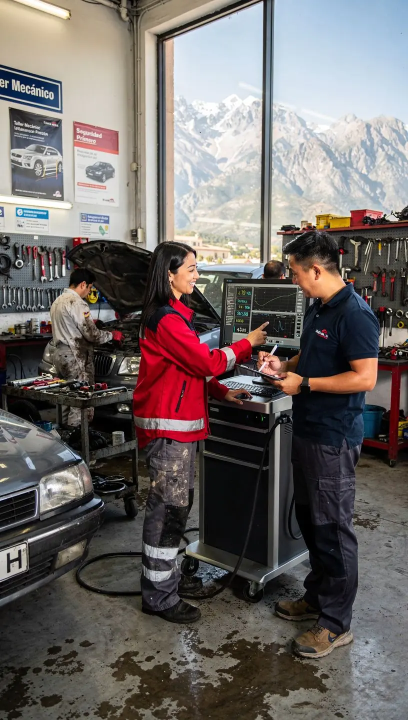 Técnico especializado utilizando software avanzado para detectar fallos en el sistema del automóvil.